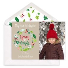 Tan Merry and Bright Wreath Photo Cards