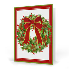 White Pine and Red Bow Wreath Folded Holiday Cards