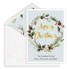 Pinecone Wreath Foil Flat Holiday Cards