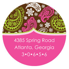 Pink Paisley Print on Brown Round Address Labels