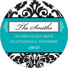 Black Damask and Turquoise Round Address Labels