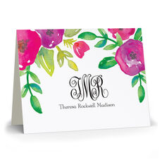 Watercolor Flowers Monogrammed Folded Note Cards