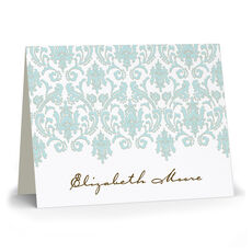 Aqua and Gold Damask Folded Note Cards