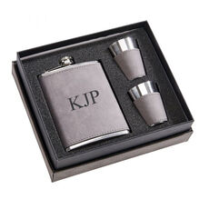 Grey Leatherette Flask and 2 Cups