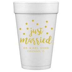 Confetti Dots Just Married Styrofoam Cups