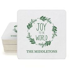 Joy to the World Wreath Square Coasters