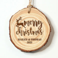 Merry Christmas Reindeer Real Wood Ornament