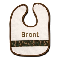 Cotton Terry Baby Bib with Brown Trim and Camouflage Ribbon
