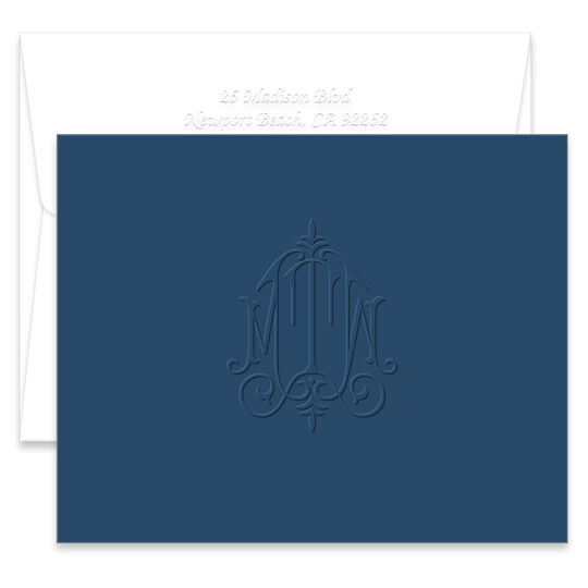 Whitlock Monogram Folded Navy Note Cards - Embossed