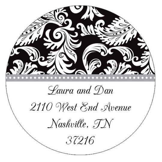 Black Damask Round Address Labels