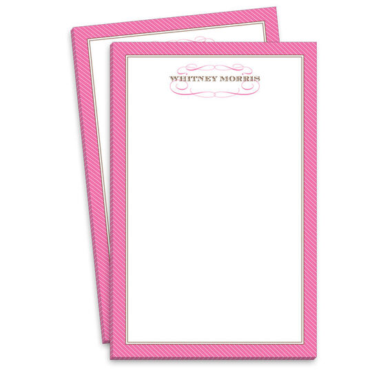 Pink Diagonal Striped Border with Name Fleurish Notepads