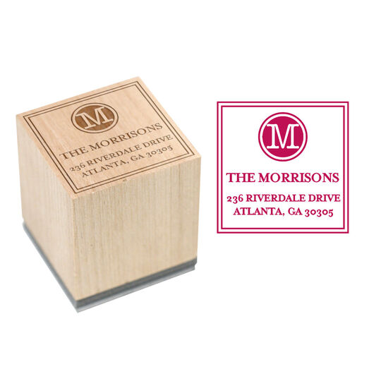 Circle Initial with Address Wood Block Rubber Stamp