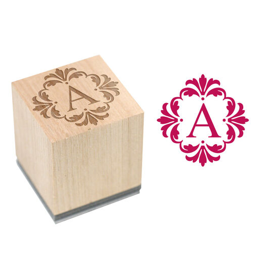 Damask Framed Initial Wood Block Rubber Stamp