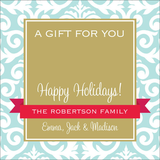 Blue and Gold Damask Holiday Gift Stickers