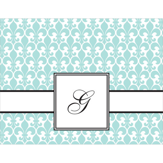 Aqua Fleur De Lis Initial Folded Note Cards