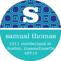 Navy and Turquoise Geometric Print Round Address Labels