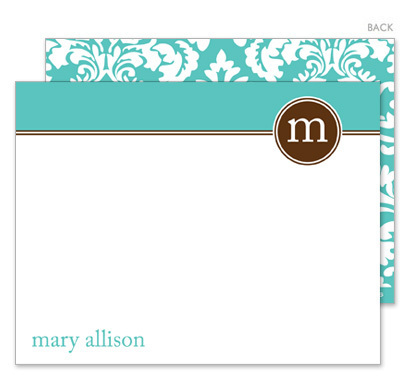 Turquoise Damask Back Flat Note Cards