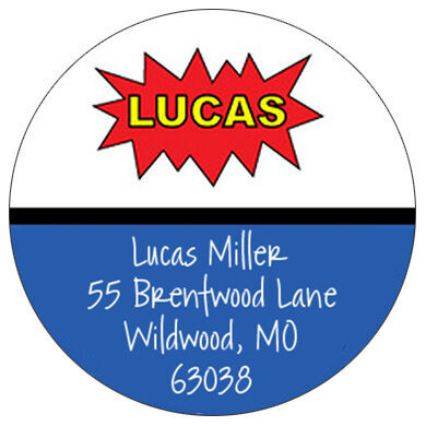 Blue Superhero Round Address Labels