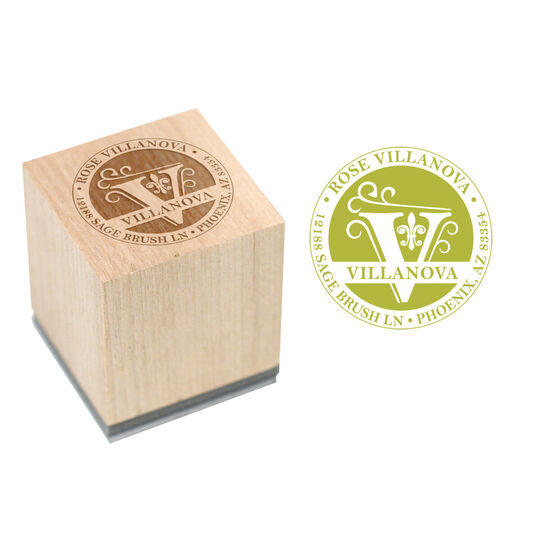 Fleur de Lis Initial Wood Block Rubber Stamp