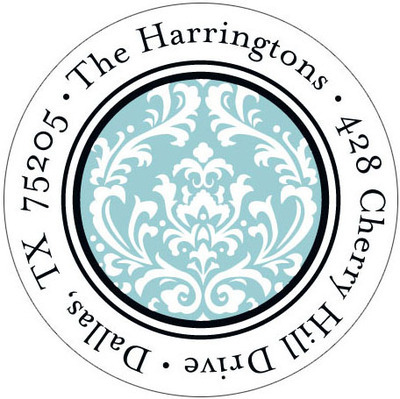 Blue Vintage Damask Round Address Labels