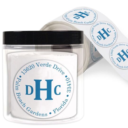 Block Monogram Round Address Labels in a Jar