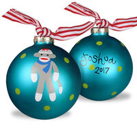 Boy Sock Monkey Glass Christmas Ornament