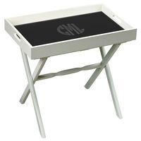 White Wood Serving Tray with Etched Glass Circle Monogram Plus Wood Stand