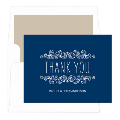 thank woodcut scroll navy note cards