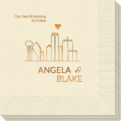 Dallas wedding, Dallas skyline, wedding napkins, hashtag napkins, wedding reception napkins, personalized napkins, custom beverage napkins high quality