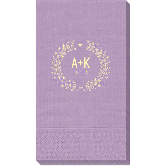 Laurel Wreath with Heart and Initials Moire Guest Towels
