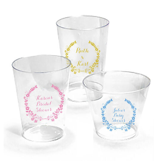Personalized Clear Plastic Cups with Floral Laurel Wreath