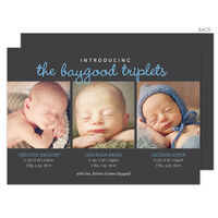 Blue and Grey Introducing Triplets Photo Birth Announcements
