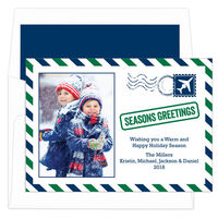 Navy and Green Seasons Greetings Holiday Photo Cards