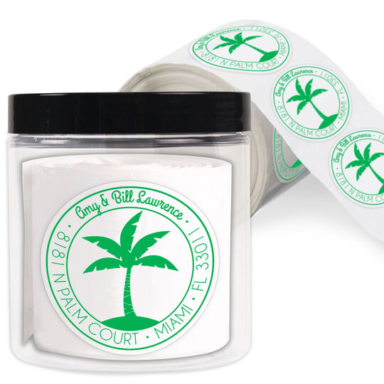 Palm Tree Round Address Labels in a Jar