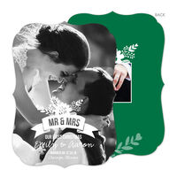 Floral Mr and Mrs Ribbon Green Holiday Photo Cards