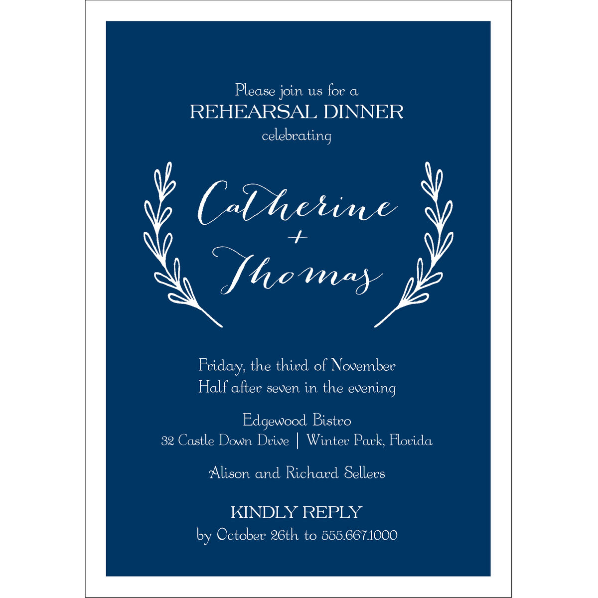 Navy Lovely Branches Rehearsal Dinner Invitations