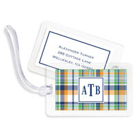 Navy and Orange Madras Plaid Luggage Tags