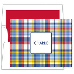 Navy and Red Madras Plaid Folded Note Cards