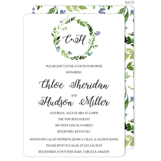 Green Wreath Initial Invitations