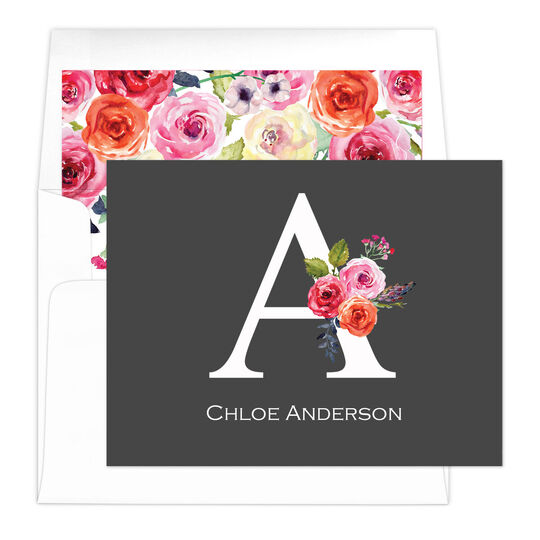 Charcoal Initial Rose Folded Note Cards