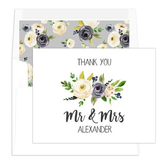 Gray and Ivory Roses Mr and Mrs Folded Thank You Note Cards