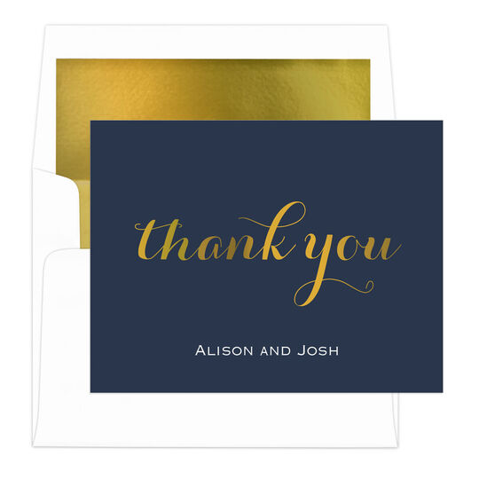 Personalized Navy Thank You Foldover Foil Stamped Note Cards with Lined ...