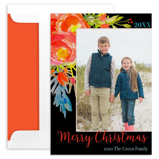 Black Watercolor Corner Swag Holiday Photo Cards