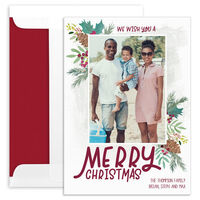 Vertical Corner Pine Cone Spray Holiday Photo Cards