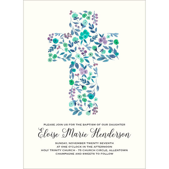 Blue Cross of Buds Baptism Invitations