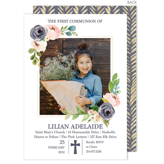 Gray Floral Corner with Cross Photo Invitations