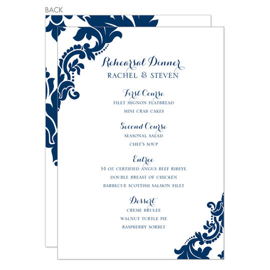 Navy Damask Menu Cards