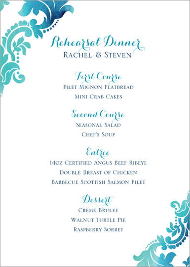 Teal Watercolor Damask Menu Cards