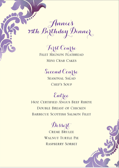 Purple Watercolor Damask Menu Cards