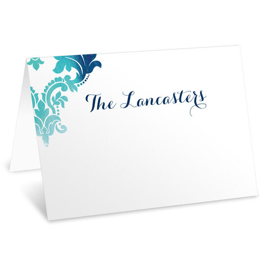 Teal Watercolor Damask Folded Place Cards